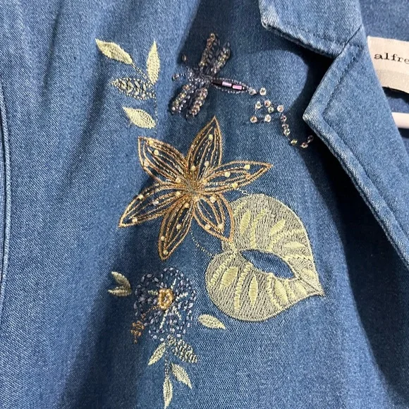 VTG Alfred Dunner Floral Dragonfly Beaded Denim Short Sleeve Button-down Top 14P - Picture 5 of 7
